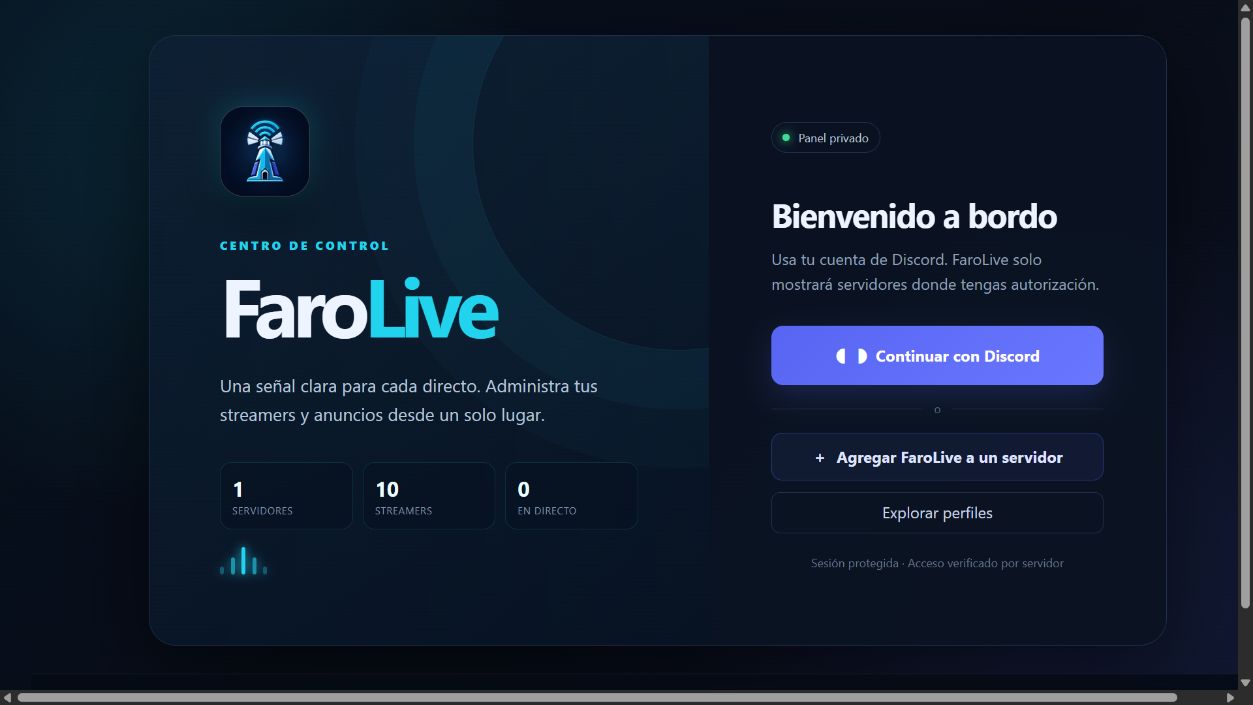 Pantalla inicial de FaroLive con las opciones para continuar con Discord, agregar el bot y explorar perfiles