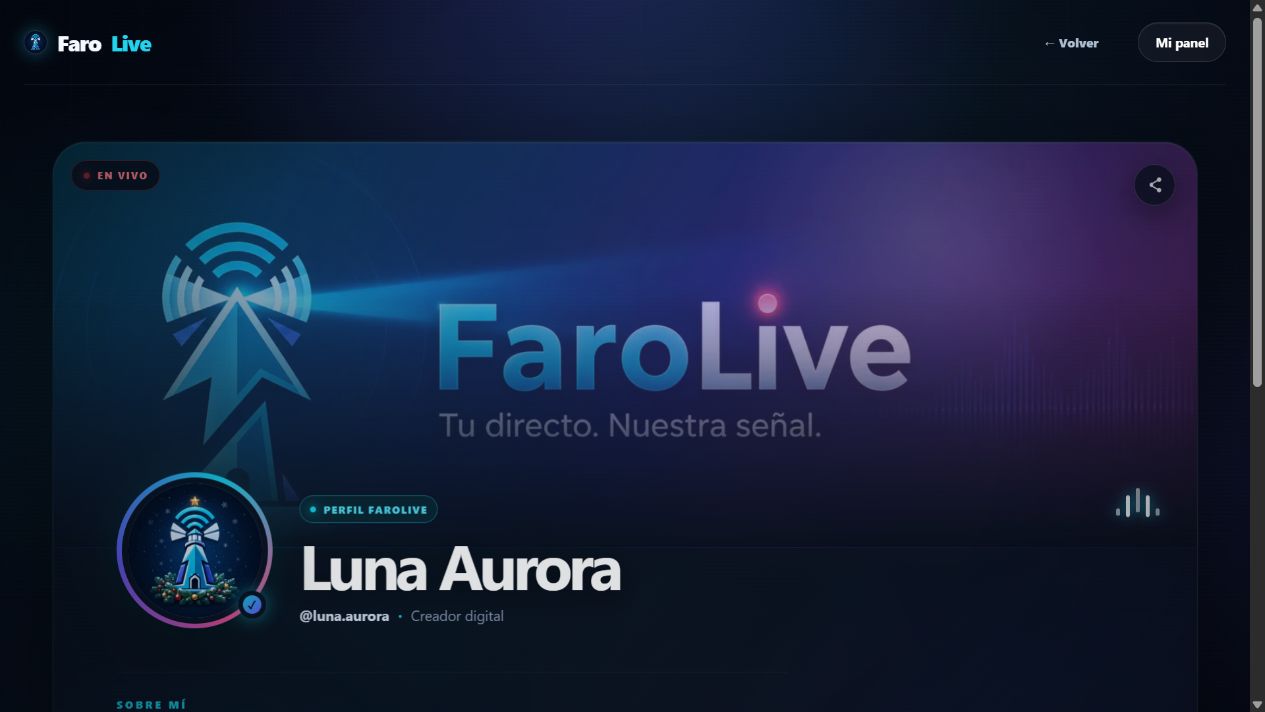 Perfil público ficticio de Luna Aurora marcado como en vivo