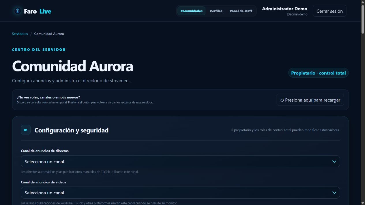 Configuración de canales y seguridad de una comunidad ficticia