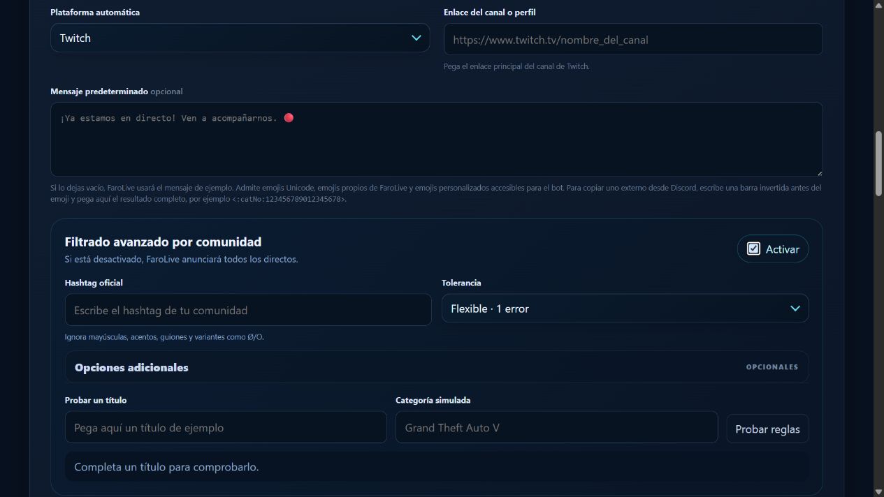 Formulario de filtrado avanzado de FaroLive con hashtag, tolerancia y probador de títulos