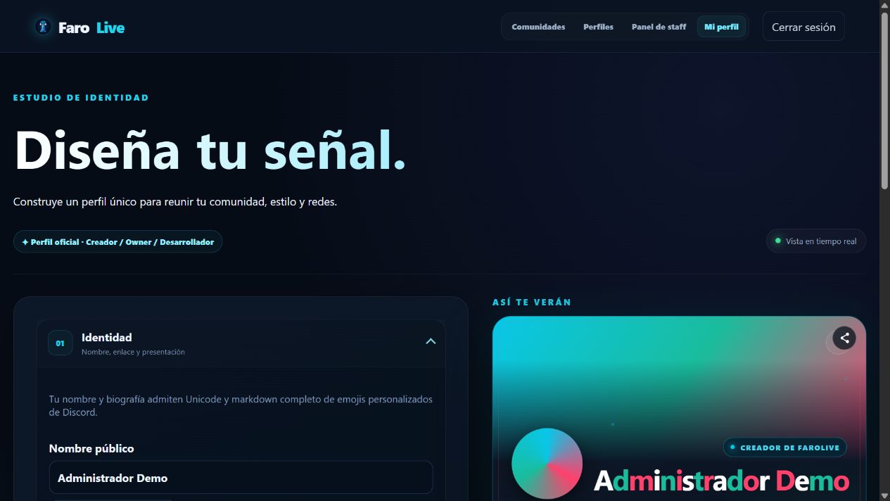 Estudio de identidad con editor y vista previa del perfil