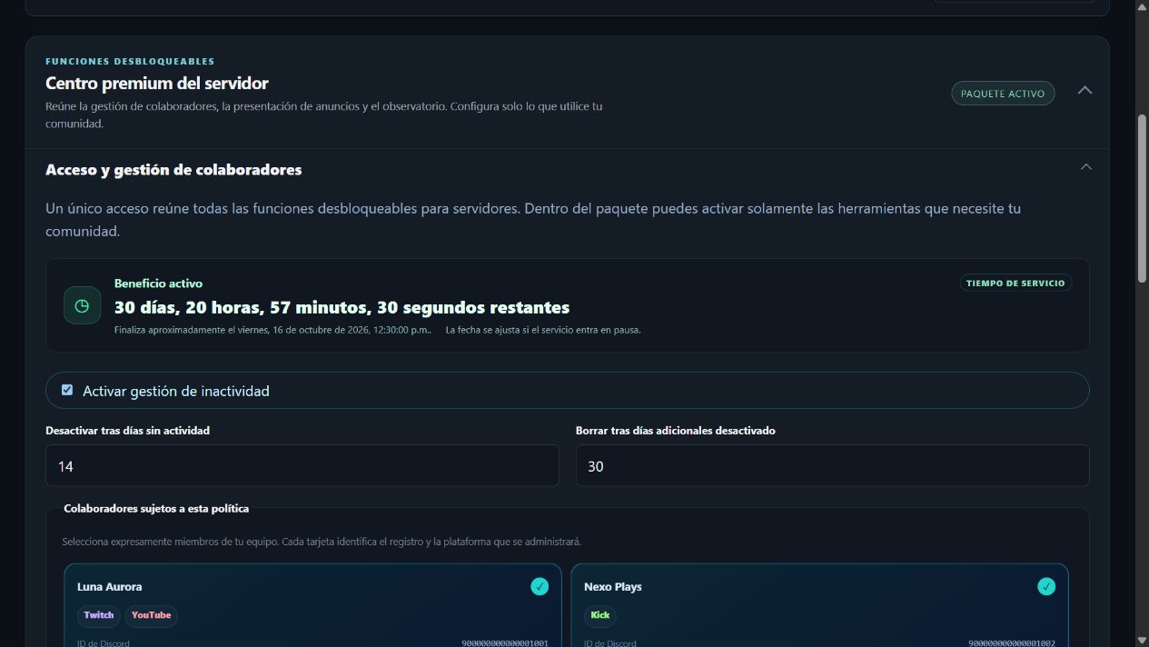 Centro premium con contador y política de colaboradores